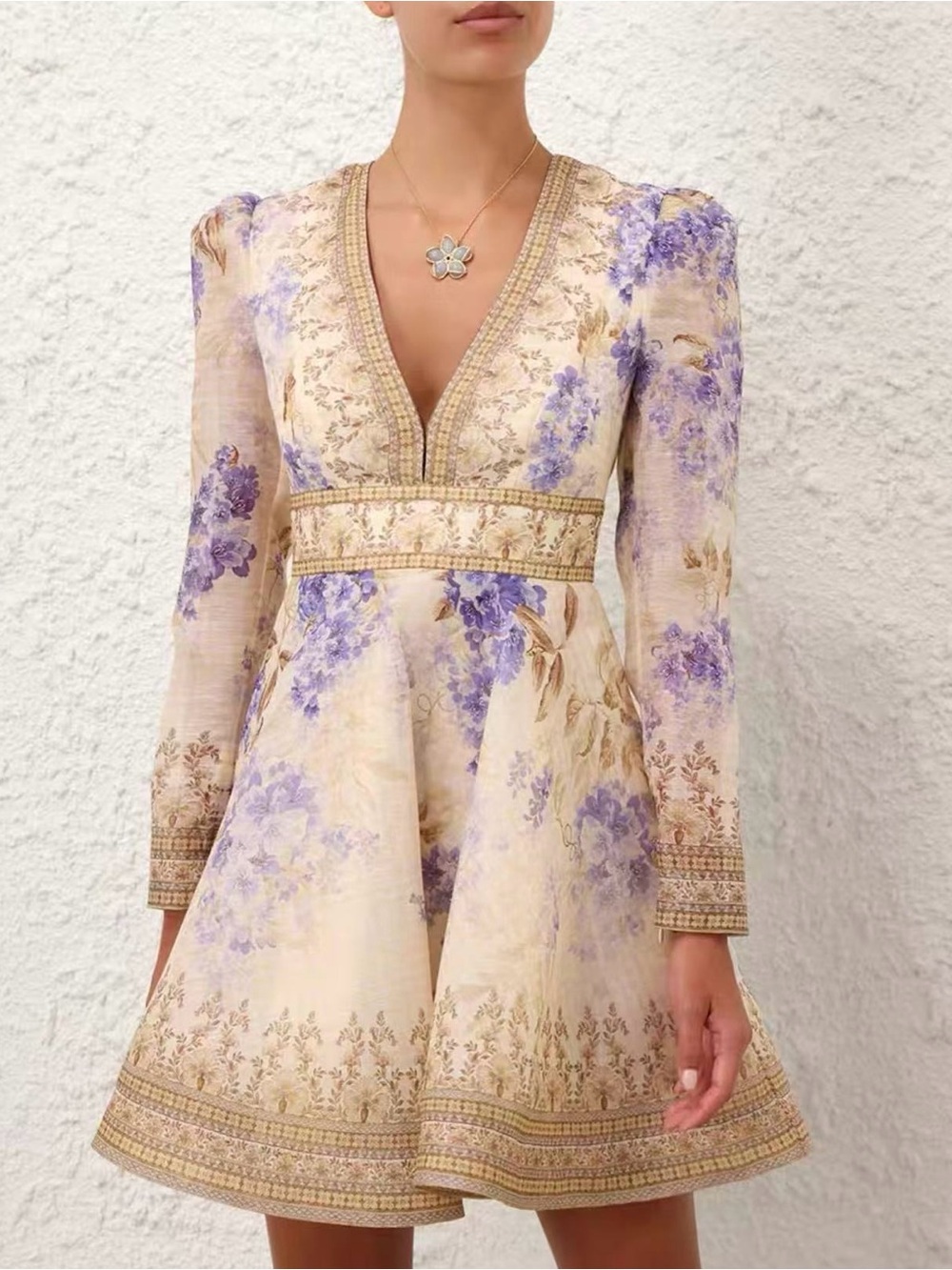 Zimmermann Floral V-Neck Long Sleeve Mini Dress in Lavender Cream size 1